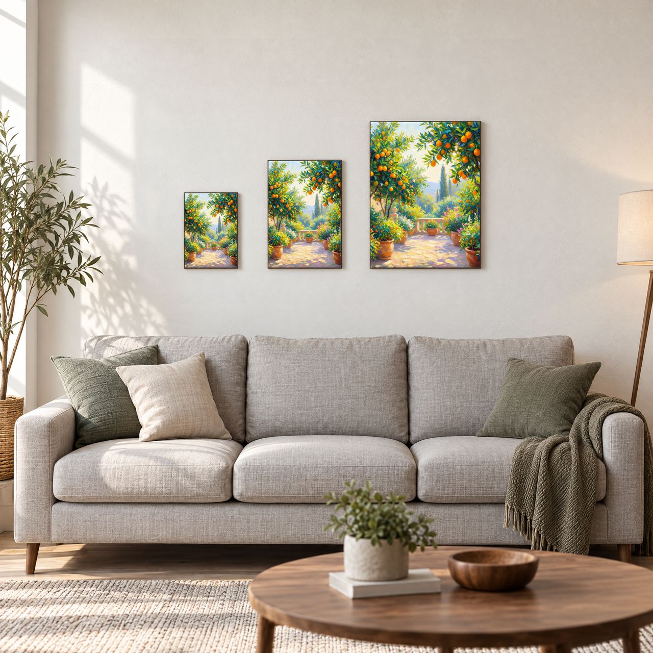 Holzposter Terrassen-Zitrusgarten im Sonnenlicht in drei Größen, A4, A3 und A2, an der Wand über dem Sofa