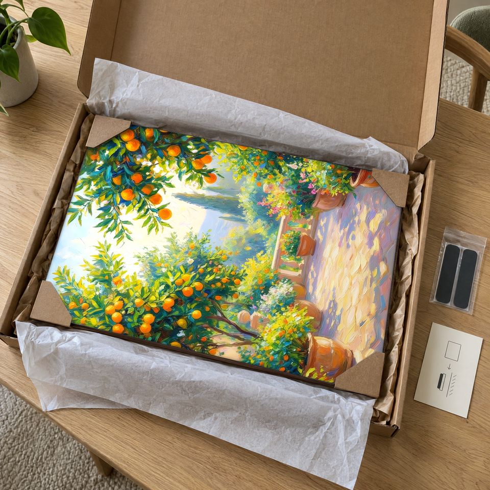 Holzposter Terrassen-Zitrusgarten im Sonnenlicht im Paket: mit Kantenschutz an allen vier Ecken und Seidenpapier verpackt