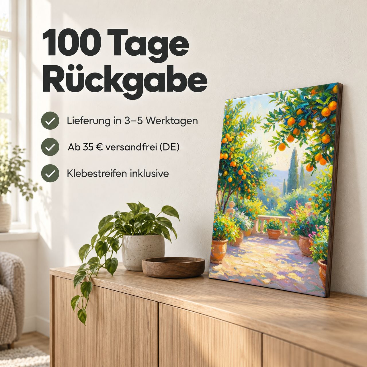 Holzposter Terrassen-Zitrusgarten im Sonnenlicht: 100 Tage Rückgabe, Lieferung in 3–5 Werktagen, Klebestreifen inklusive