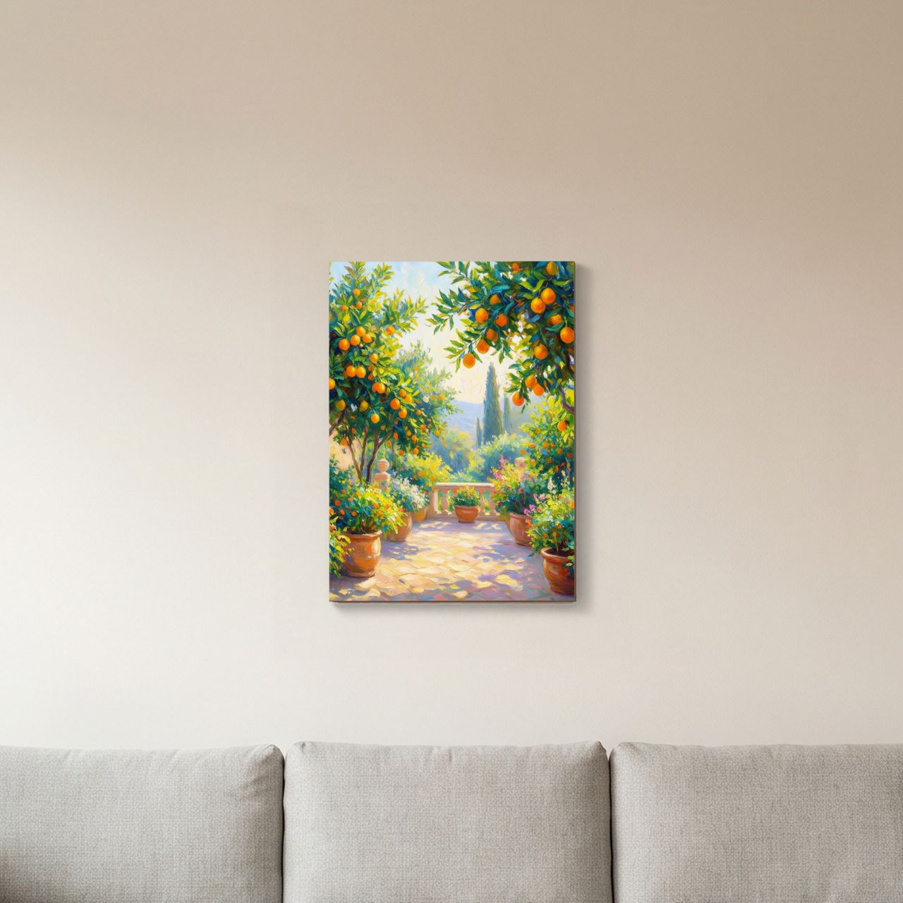 Holzposter im Wohnzimmer, über einer Sitzgruppe platziert
