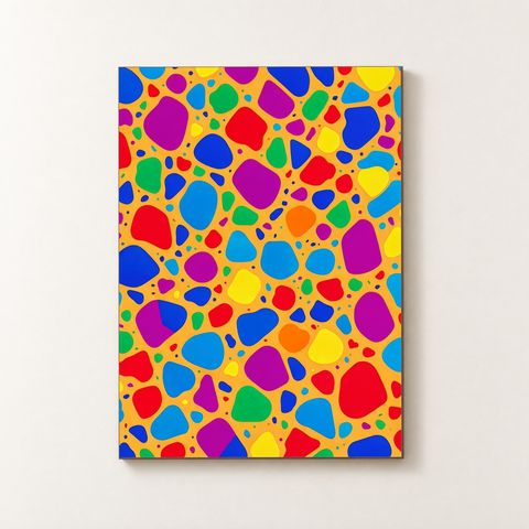 Vorderansicht des Holzposters mit buntem Terrazzo‑Muster aus runden, farbigen Formen auf gelb‑orangelem Hintergrund