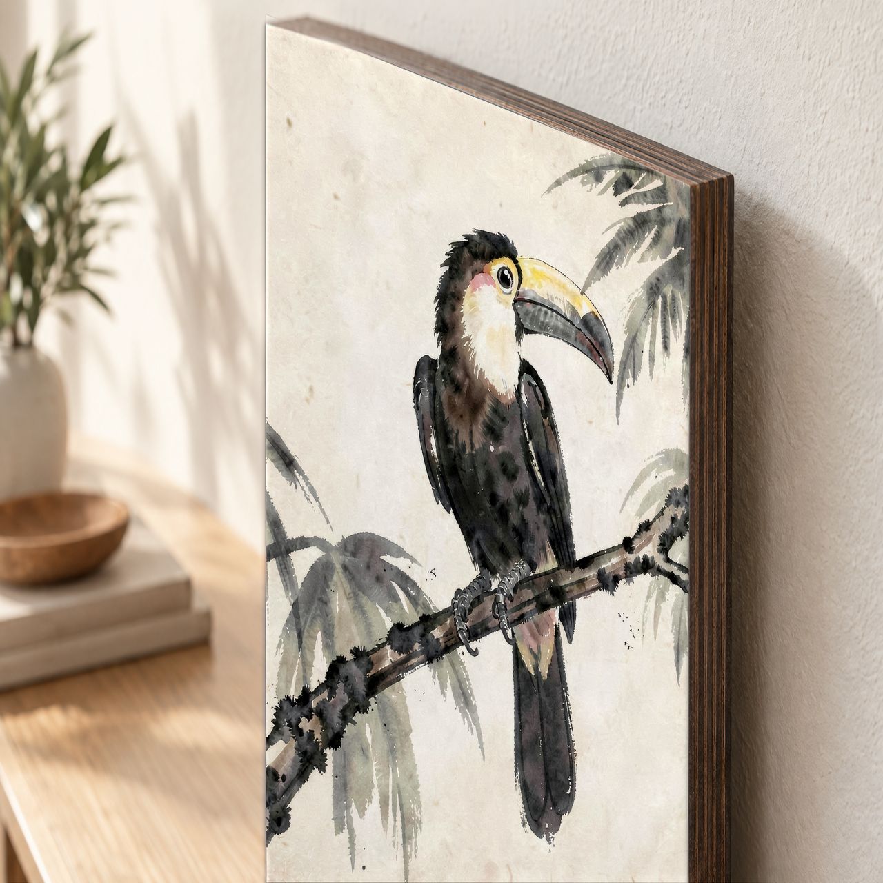 Holzposter Toucan auf Ast aus echtem Holz, 8–10 mm stark, mit sichtbarer Holzkante