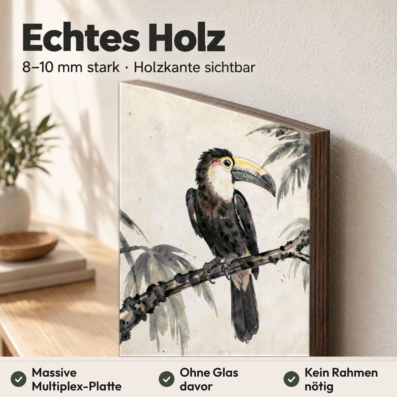 Holzposter Toucan auf Ast aus echtem Holz, 8–10 mm stark, mit sichtbarer Holzkante