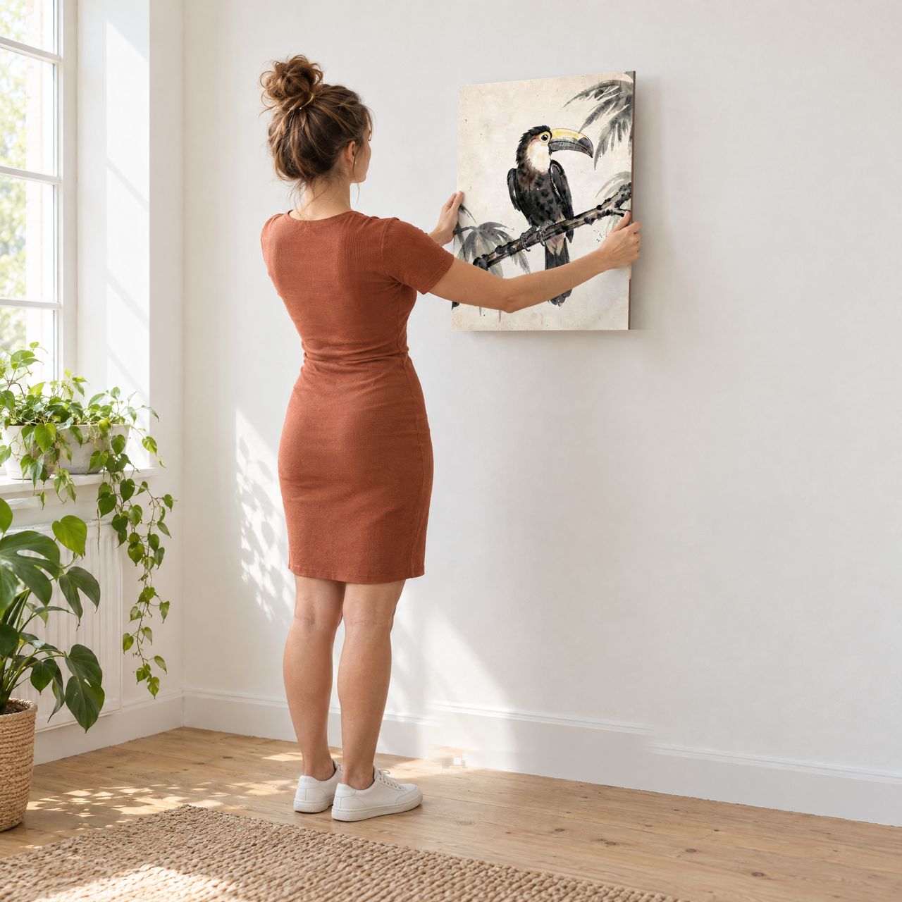 Toucan auf Ast Holzposter in den Händen gehalten