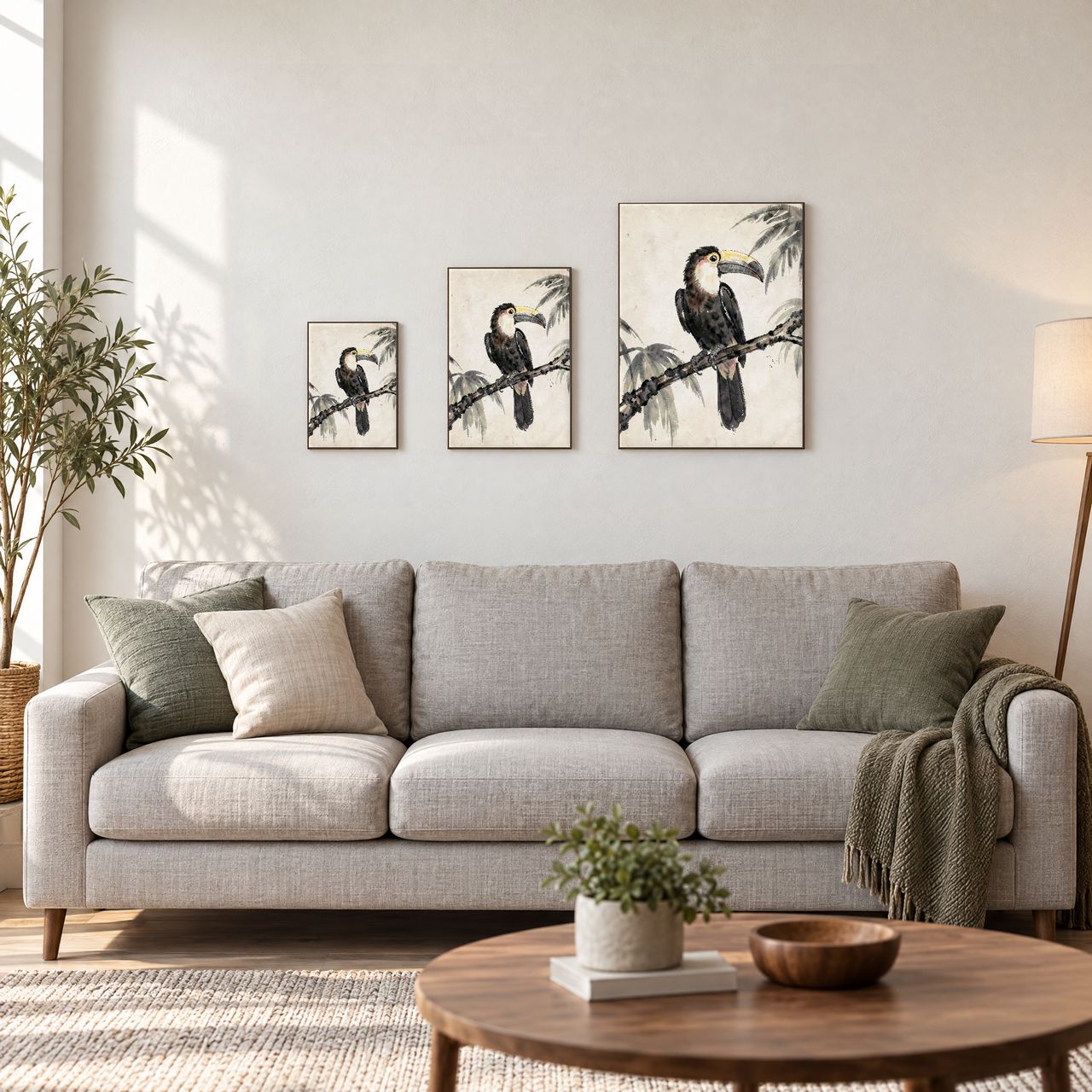 Holzposter Toucan auf Ast in drei Größen, A4, A3 und A2, an der Wand über dem Sofa