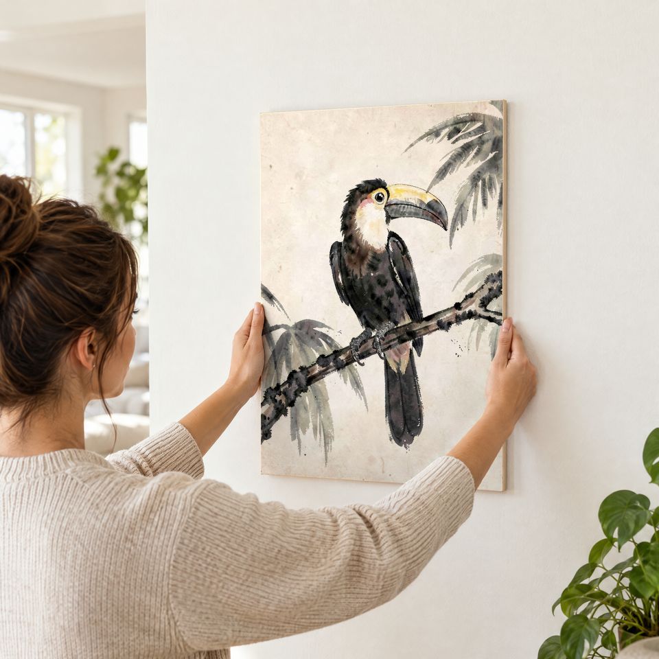 Holzposter wird mit beiden Händen fest an die Wand gedrückt