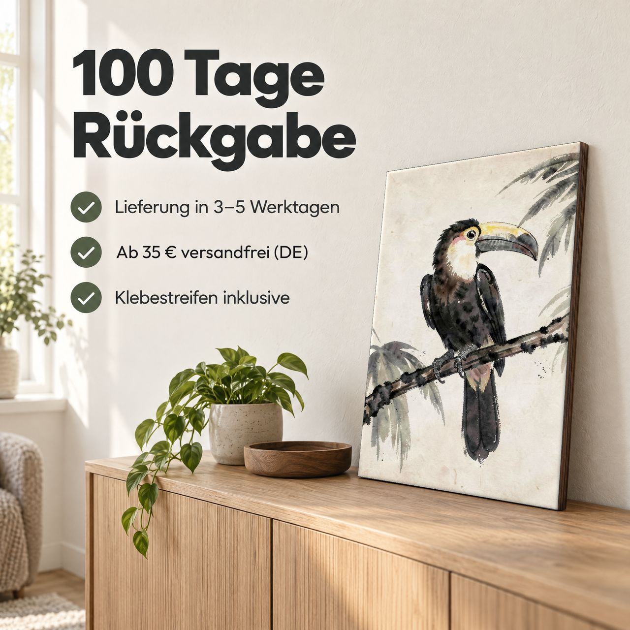 Holzposter Toucan auf Ast: 100 Tage Rückgabe, Lieferung in 3–5 Werktagen, Klebestreifen inklusive