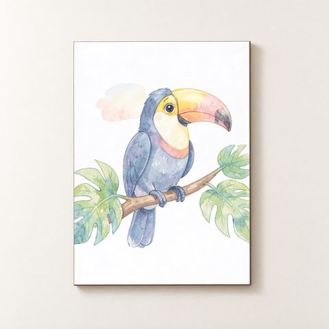 Vorderansicht des Holzposters mit einem Tukan auf einem Ast und Monstera‑Blättern