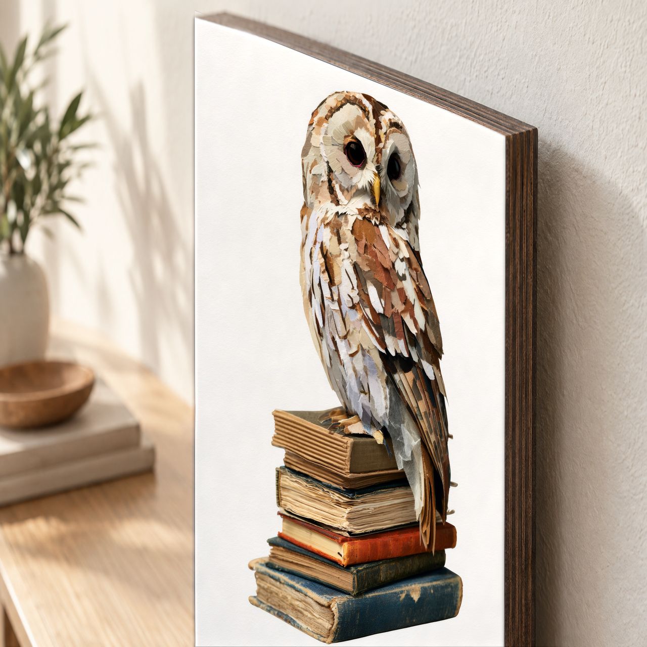Holzposter Uhu auf Bücherstapel aus echtem Holz, 8–10 mm stark, mit sichtbarer Holzkante