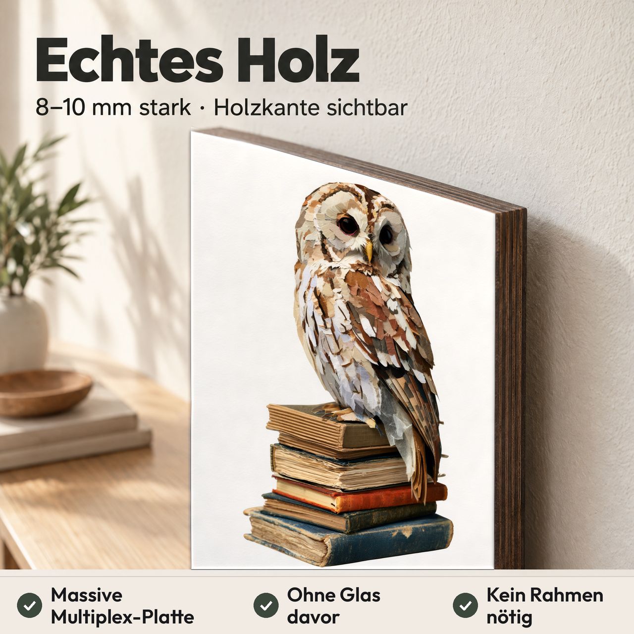 Holzposter Uhu auf Bücherstapel aus echtem Holz, 8–10 mm stark, mit sichtbarer Holzkante