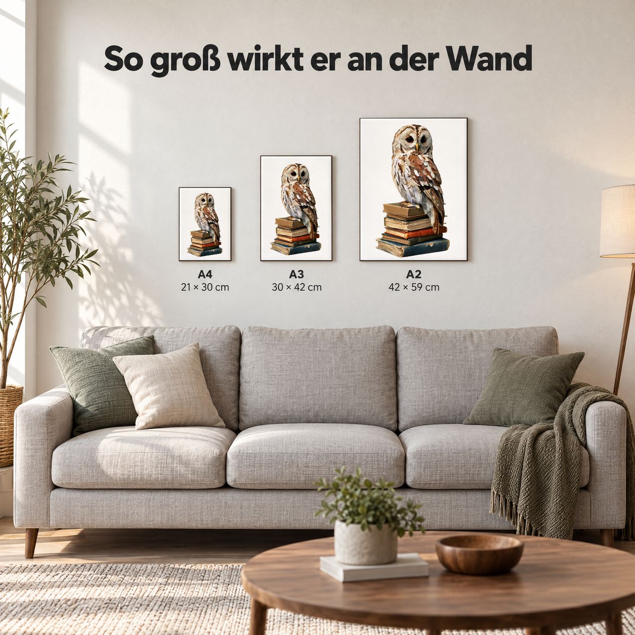 Holzposter Uhu auf Bücherstapel in A4, A3 und A2 an der Wand über dem Sofa: so groß wirkt er