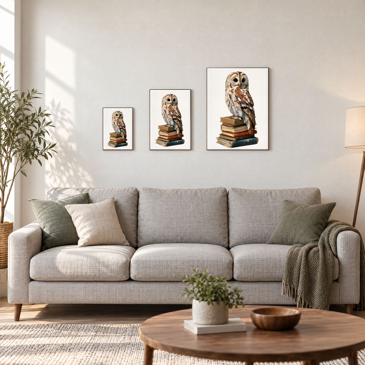 Holzposter Uhu auf Bücherstapel in drei Größen, A4, A3 und A2, an der Wand über dem Sofa
