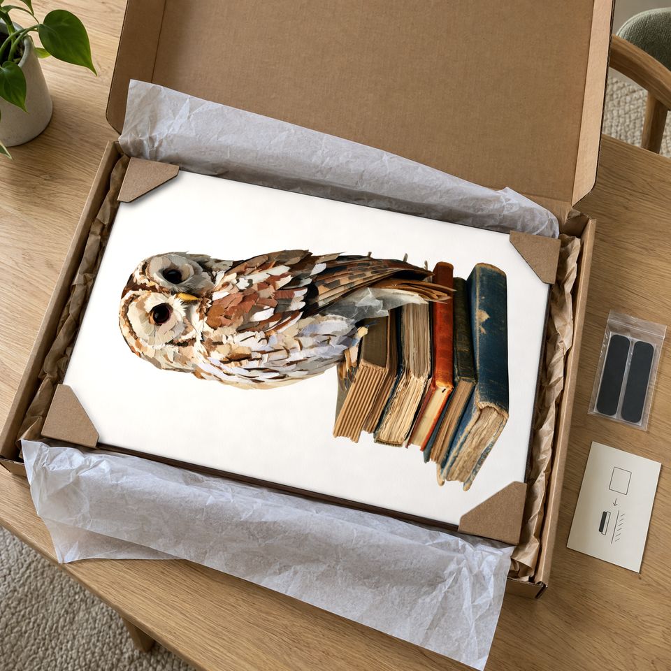 Holzposter Uhu auf Bücherstapel im Paket: mit Kantenschutz an allen vier Ecken und Seidenpapier verpackt
