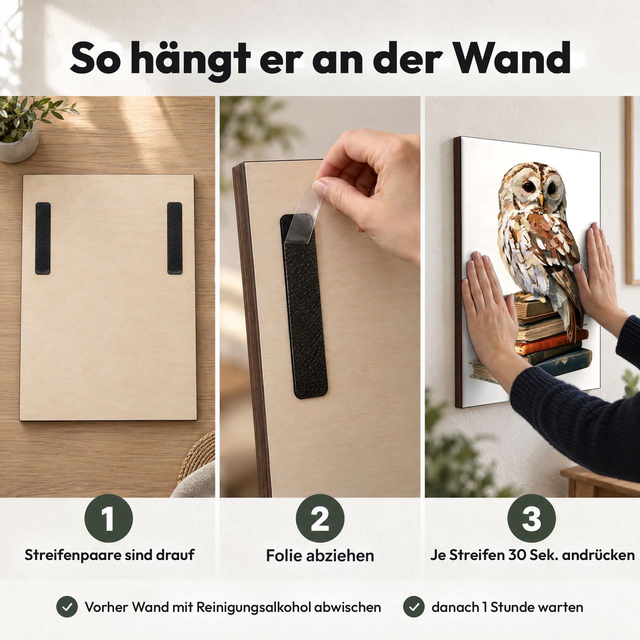 Holzposter Uhu auf Bücherstapel in 3 Schritten an der Wand: Streifen sind drauf, Folie abziehen, andrücken
