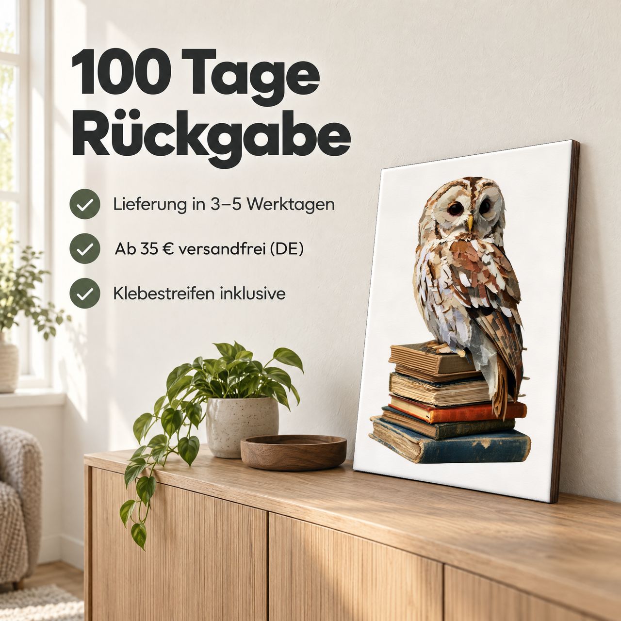 Holzposter Uhu auf Bücherstapel: 100 Tage Rückgabe, Lieferung in 3–5 Werktagen, Klebestreifen inklusive