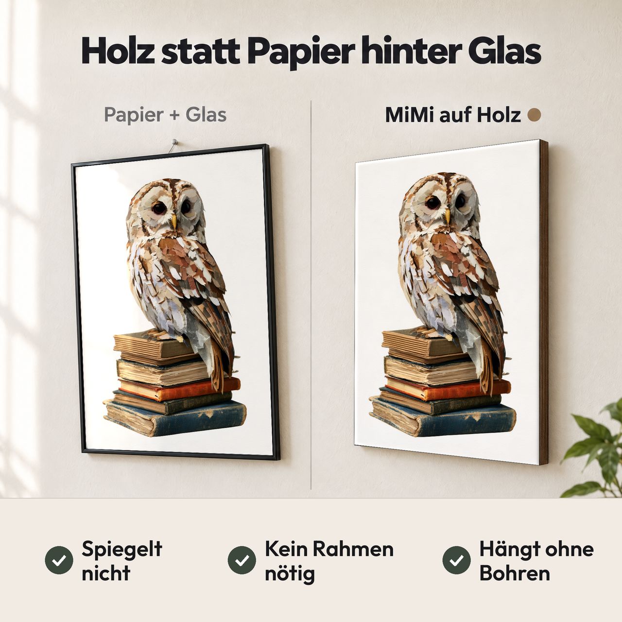 Holzposter Uhu auf Bücherstapel im Vergleich: Papier hinter Glas spiegelt, MiMi auf Holz nicht