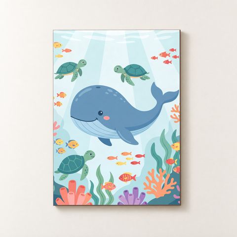Vorderansicht des Holzposters mit lächelndem Wal, Korallen und bunten Fischen