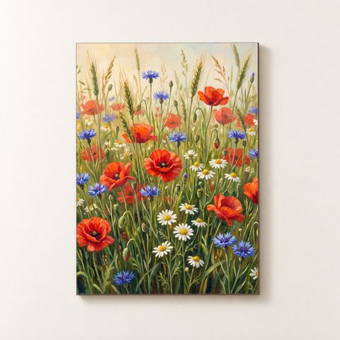 Vorderansicht des Holzposters mit einer Wildblumenwiese aus Mohn, Kornblumen, Kamille und Gräsern