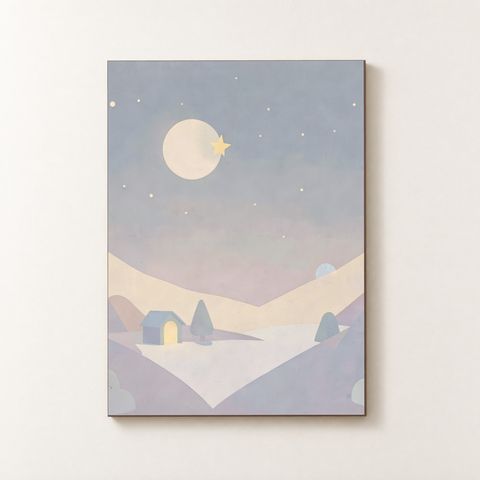 Vorderansicht des Holzposters mit blauer‑grauer Hütte, gelber Tür und einem Stern im Pastellhimmel