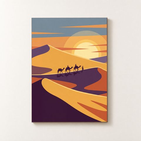 Vorderansicht des Holzposters mit goldenen Dünen, violettem Himmel und silhouettierter Kamelkarawane