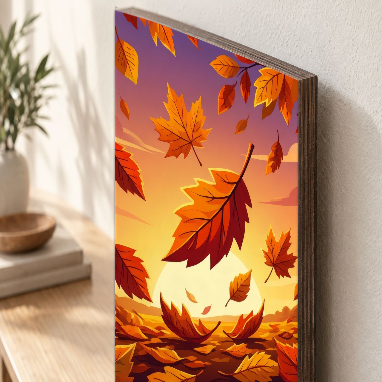 Holzposter Zentraler Herbstblatt-Fokus aus echtem Holz, 8–10 mm stark, mit sichtbarer Holzkante