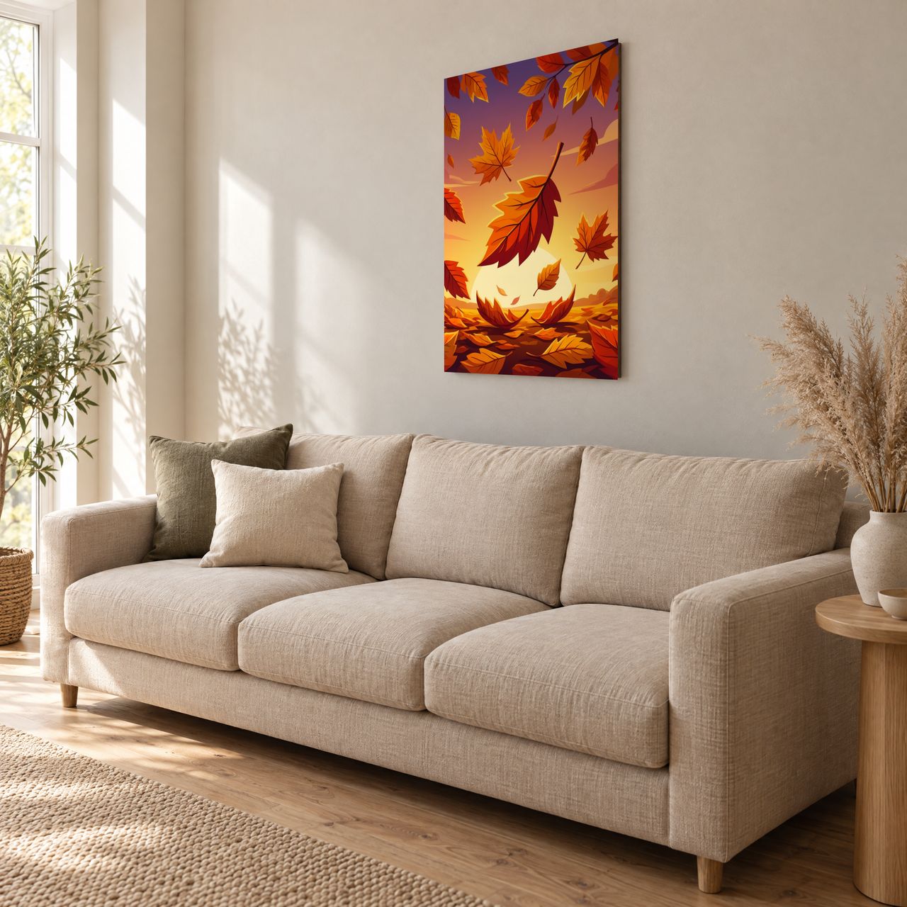 Zentraler Herbstblatt-Fokus Holzposter an der Wand im Wohnzimmer