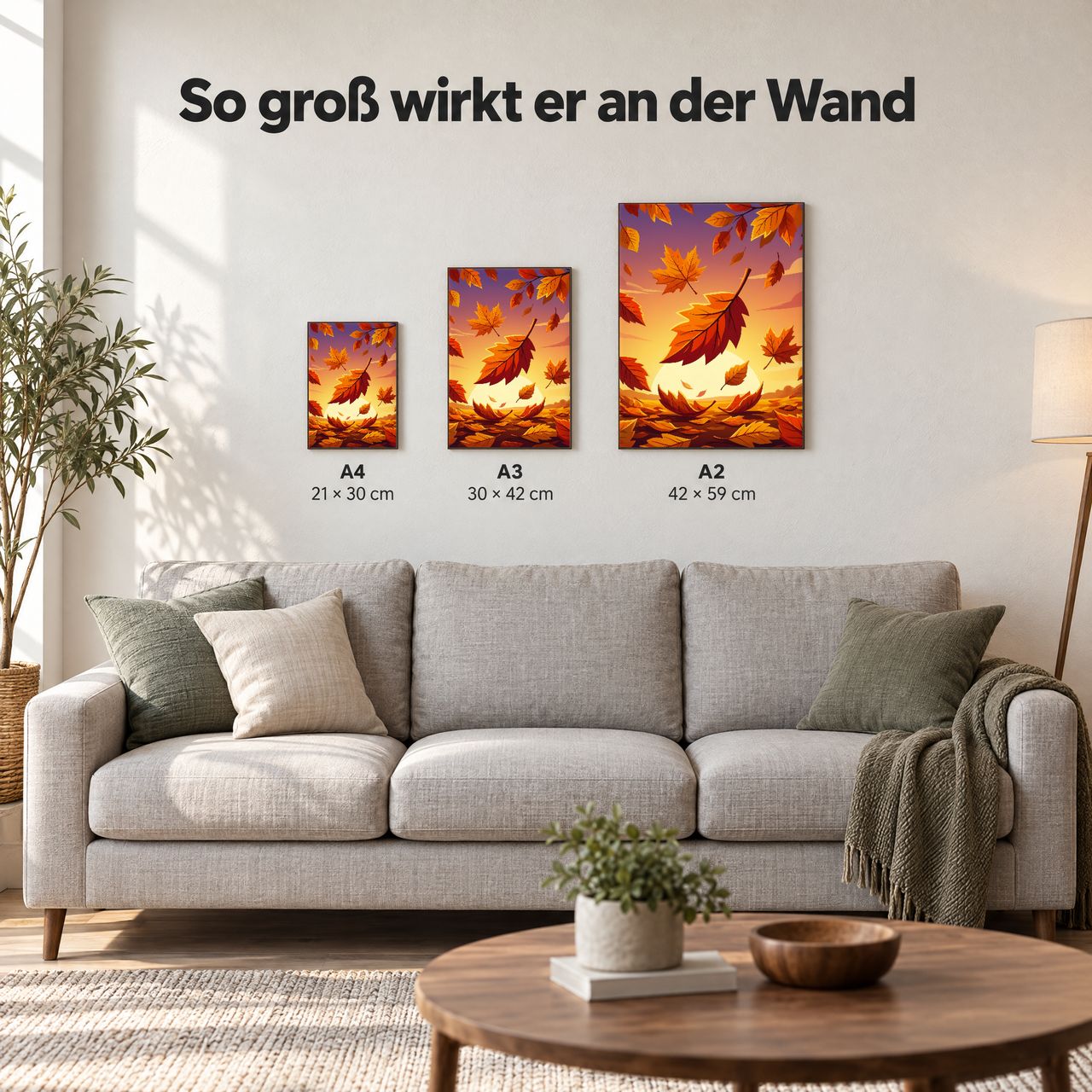 Holzposter Zentraler Herbstblatt-Fokus in A4, A3 und A2 an der Wand über dem Sofa: so groß wirkt er