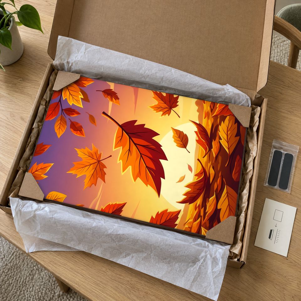 Holzposter Zentraler Herbstblatt-Fokus im Paket: mit Kantenschutz an allen vier Ecken und Seidenpapier verpackt