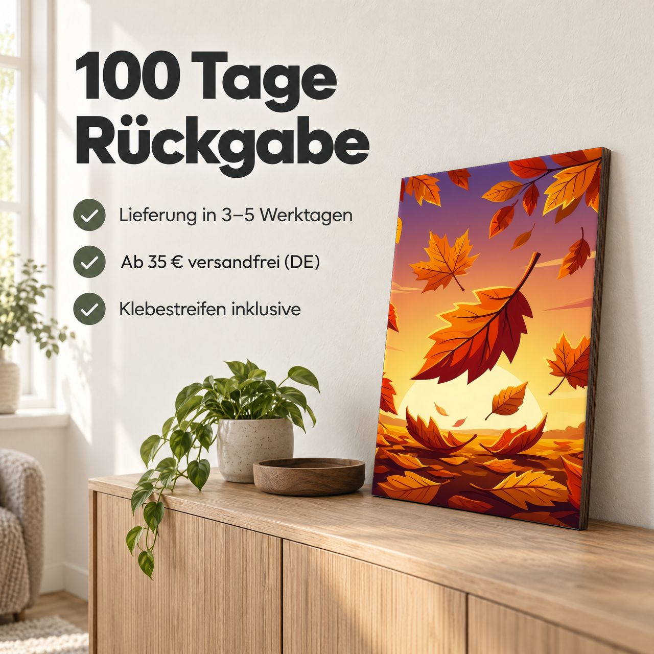 Holzposter Zentraler Herbstblatt-Fokus: 100 Tage Rückgabe, Lieferung in 3–5 Werktagen, Klebestreifen inklusive