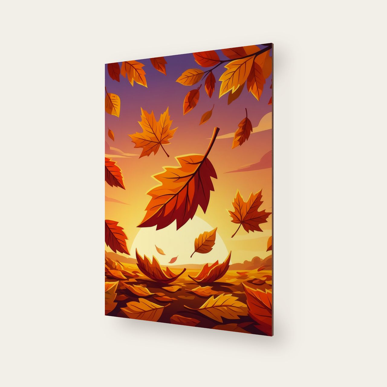 Schräg aufgenommenes Holzposter mit sichtbarer Holzkante, Blattmotiv im Vordergrund