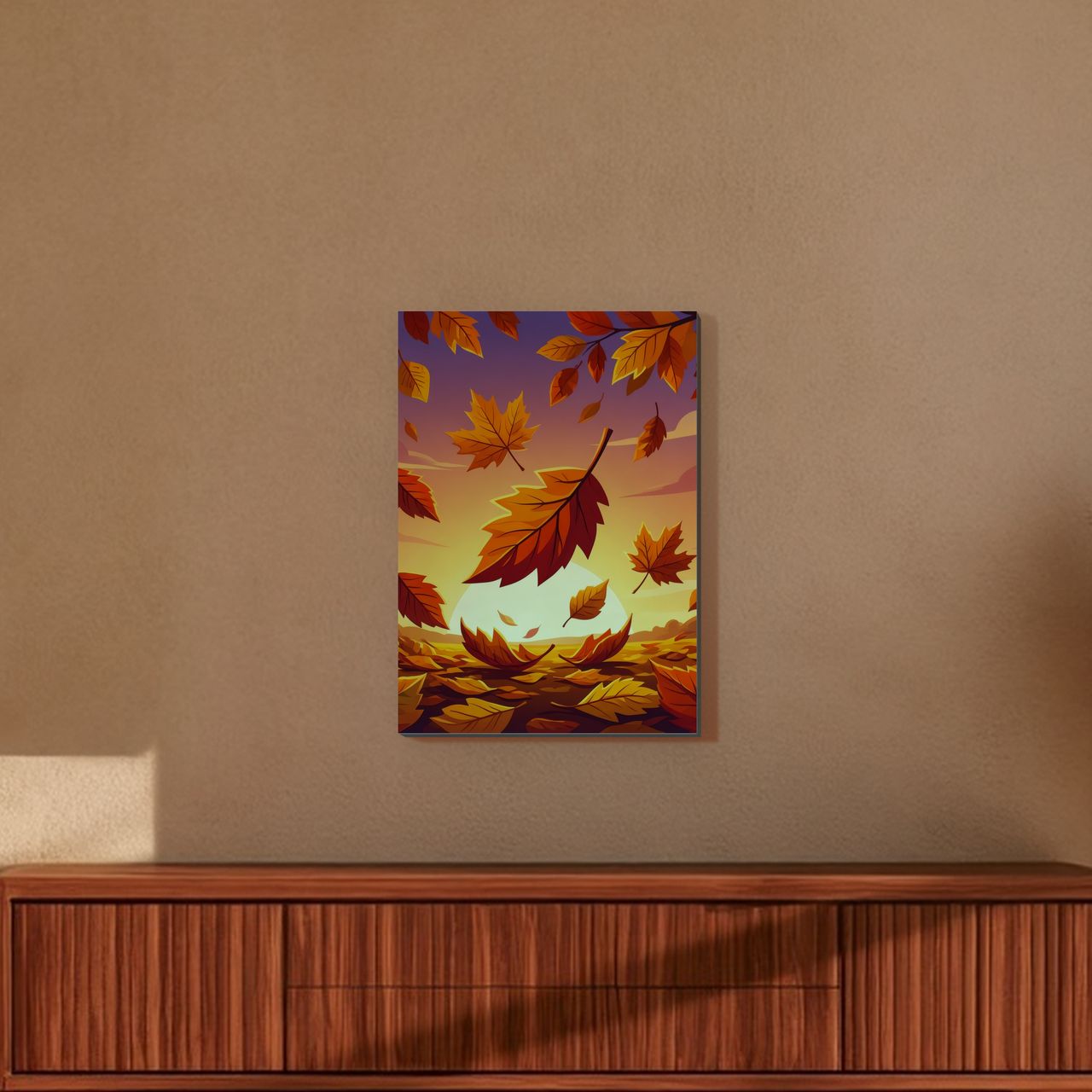 Zentraler Herbstblatt-Fokus Holzposter an der Wand im Wohnzimmer