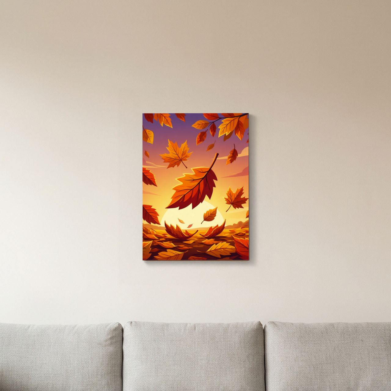 Holzposter an der Wand im Wohnzimmer, das zentrale Blatt leuchtet im warmen Abendlicht